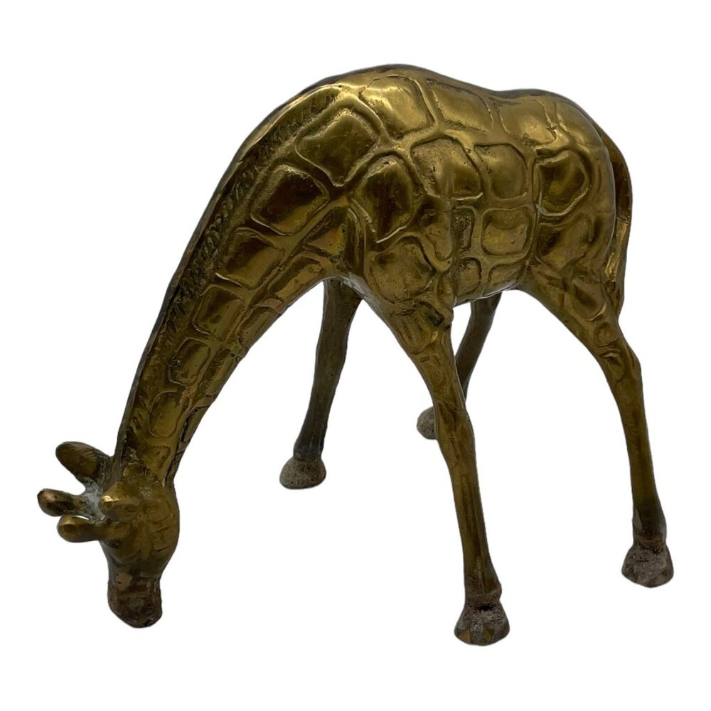 Vintage Solid Brass Giraffe Figurine HTF Head Down Eating